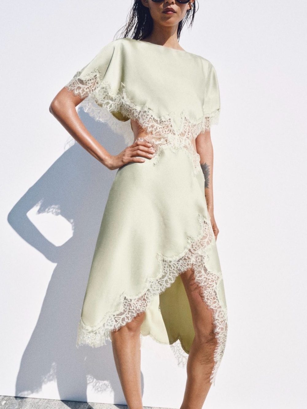 Zara Pale Mint High-Low Lace Trim Dress